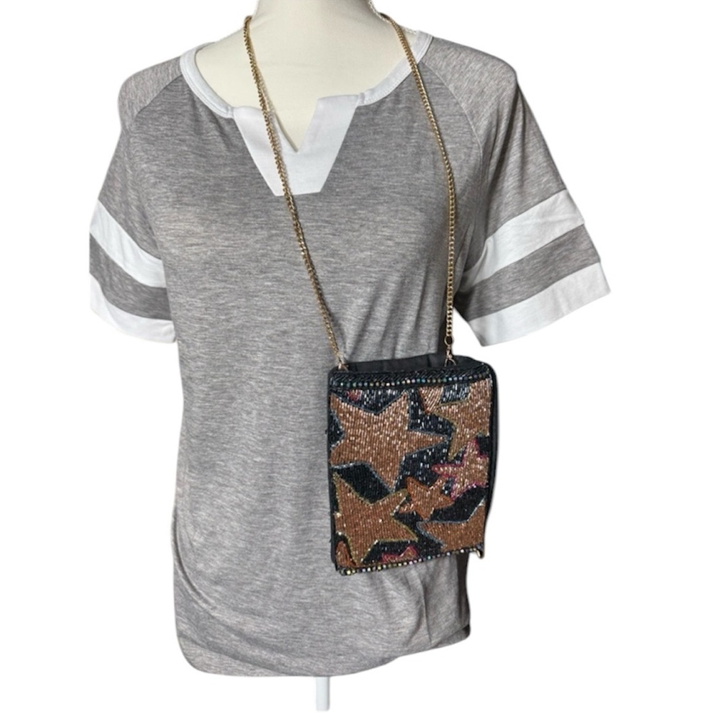 Beaded small fun purse crossbody with side zipper and top snap gold chain